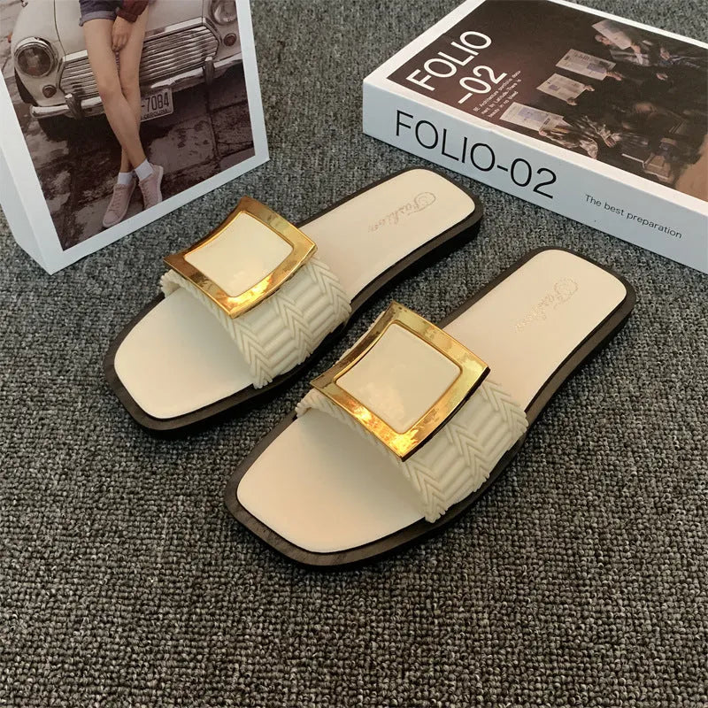 Women's summer casual flat slippers with PVC sole in apricot, black, or khaki colour options