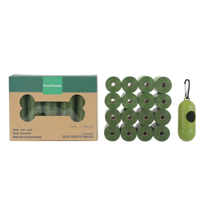 Rolls of green, black, blue, purple and orange degradable pet poo bags with a portable dispenser