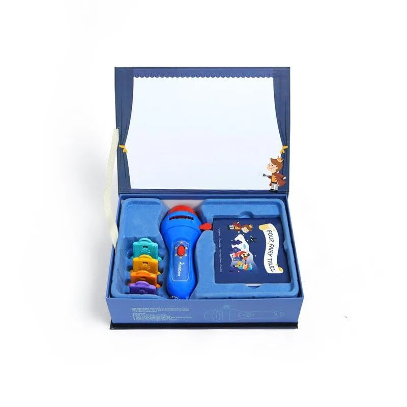 SmartKids children's handheld torch projector with four colourful story discs on a white background.