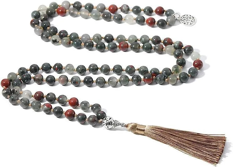 Handmade knotted natural stone bead necklace with 8mm beads in one of 12 colour options.