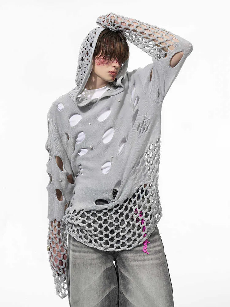 Black men's hoodie with pearl decorative details and loose fit pullover design