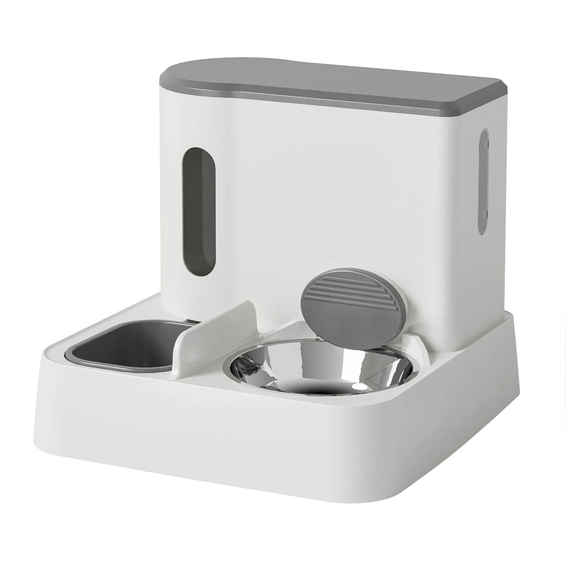 Grey automatic cat feeder and water dispenser unit with integrated double bowls