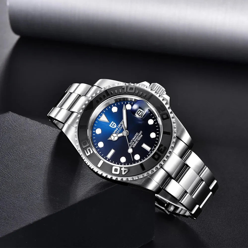 Men's automatic mechanical watch with stainless steel case, 40mm dial, luminous hands, and calendar window on a steel bracelet