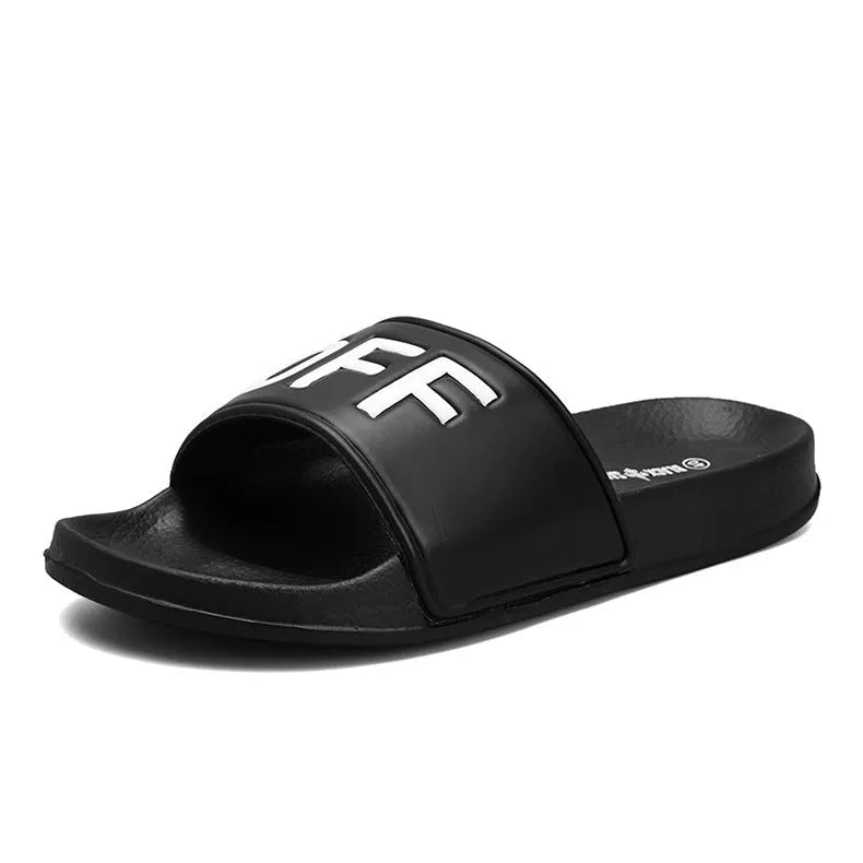 Men's large personalised open toe slippers with rubber soles available in black and white colours