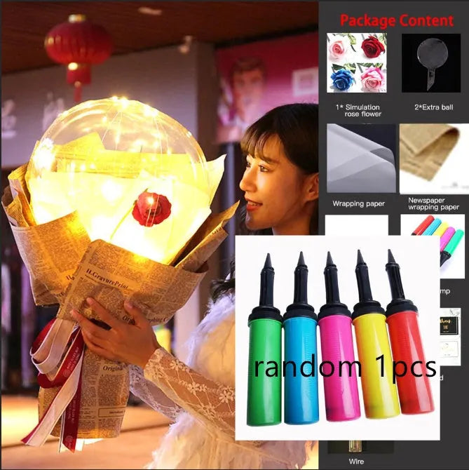 Transparent round LED luminous balloon rose bouquet with artificial flower and lights for DIY assembly