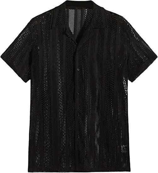 Men's white knitted short-sleeved shirt with button front and jacquard craft street fashion styling