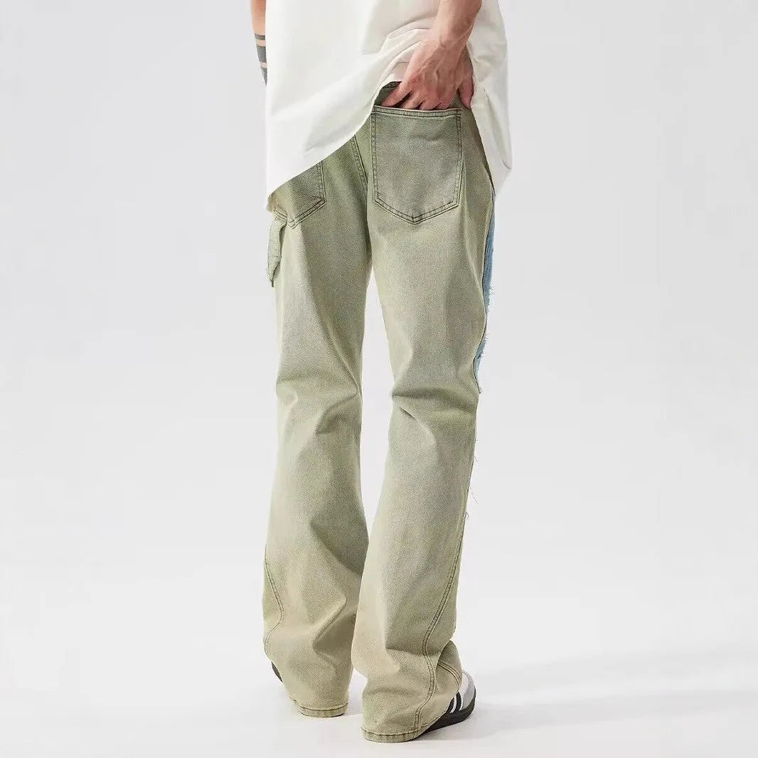 Yellow and blue retro patchwork jeans with splash-ink damaged design, mid-waist cut with zip fly