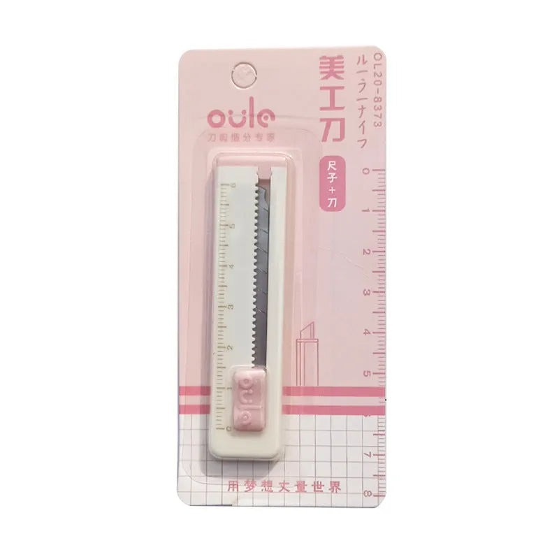Small art knife in five colours with plastic blade measuring 7.2cm for package cutting