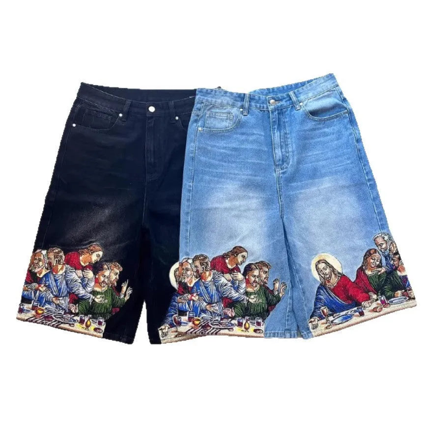 Men's blue cotton shorts with Jesus print on back pocket showing tapered leg fit