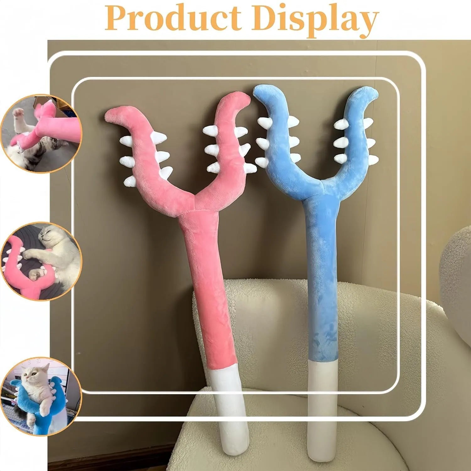 Blue and pink plush cat wand toy with foam head, 70 cm long for interactive play