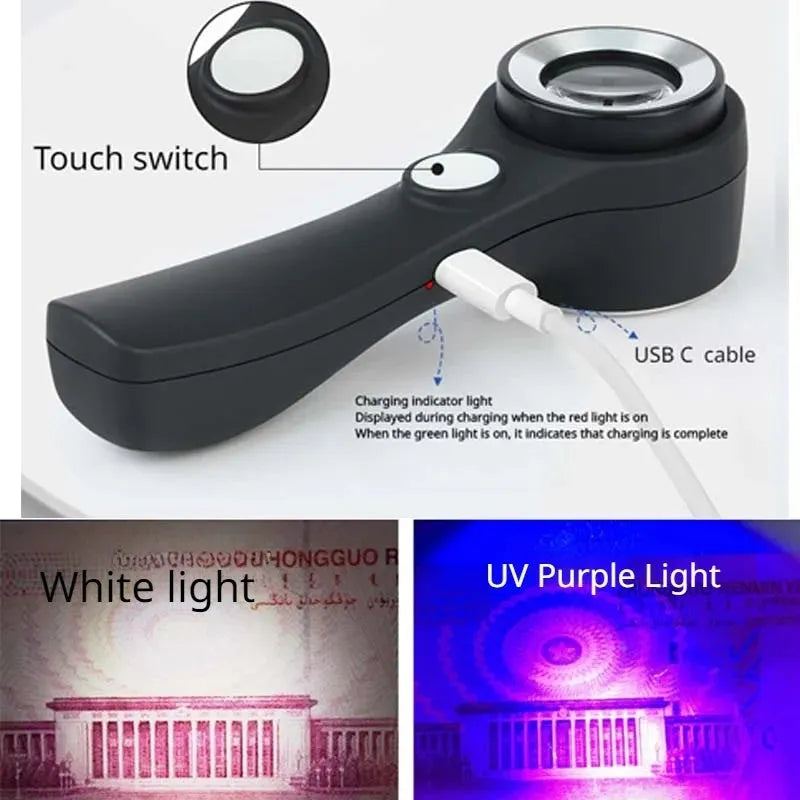 Black USB-C rechargeable magnifying glass for jewellery and tobacco appraisal.