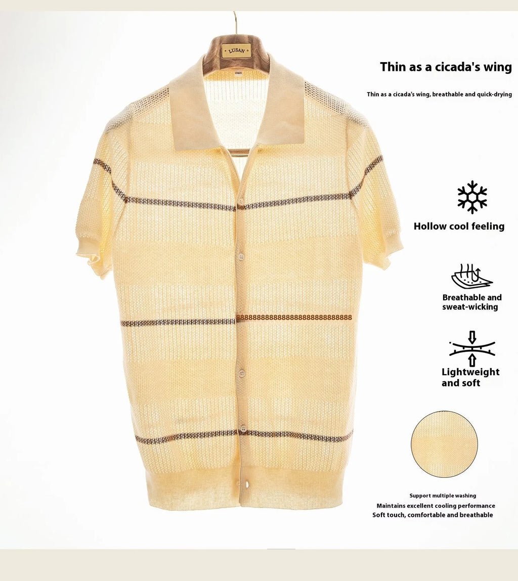 Camel coloured linen cotton short sleeve cardigan with a lapel collar laid flat.