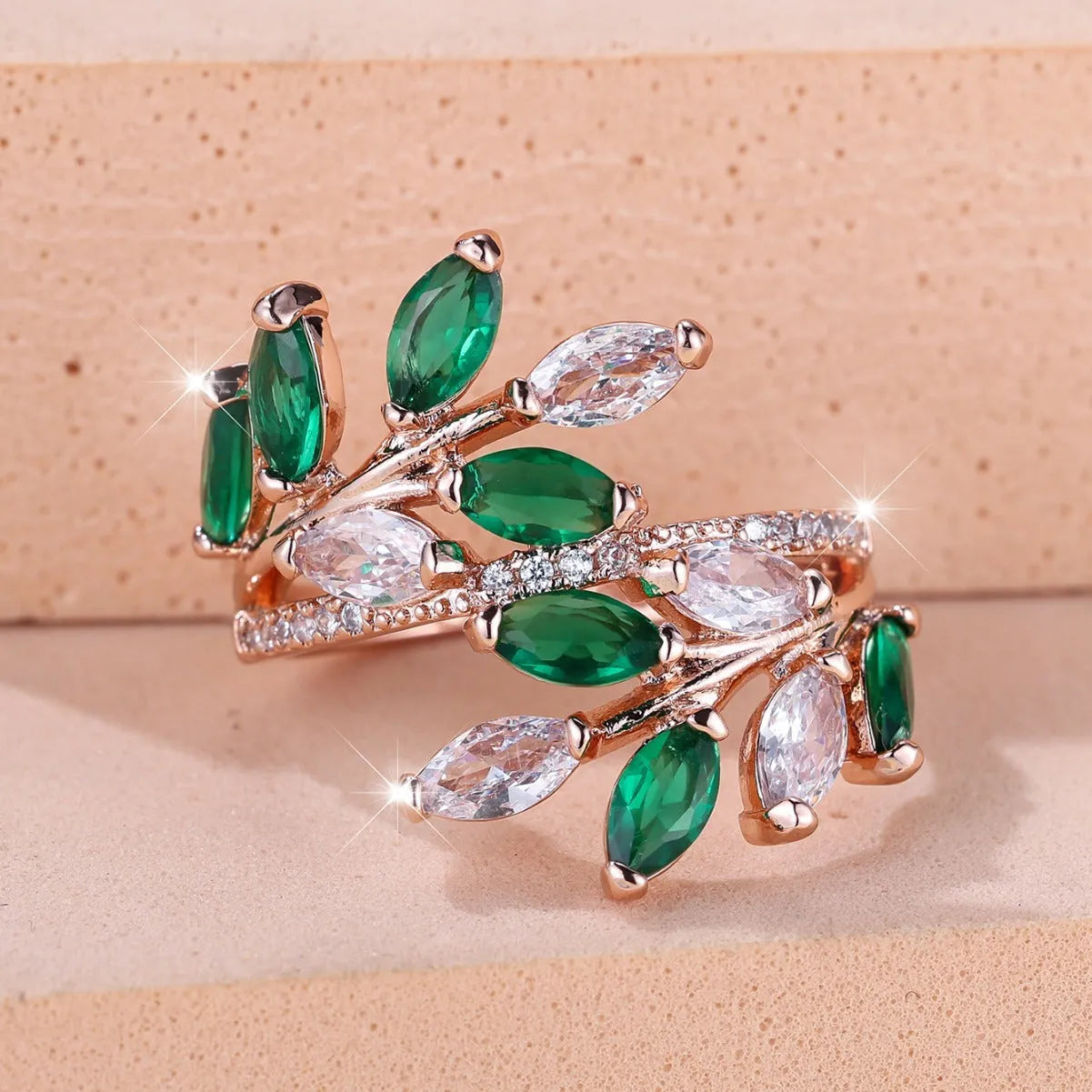 Adjustable copper ring with horse eye zircon stone and leaf design in multiple colour finishes