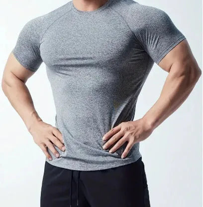 Men's grey quick-dry stretch running t-shirt on a hanger.