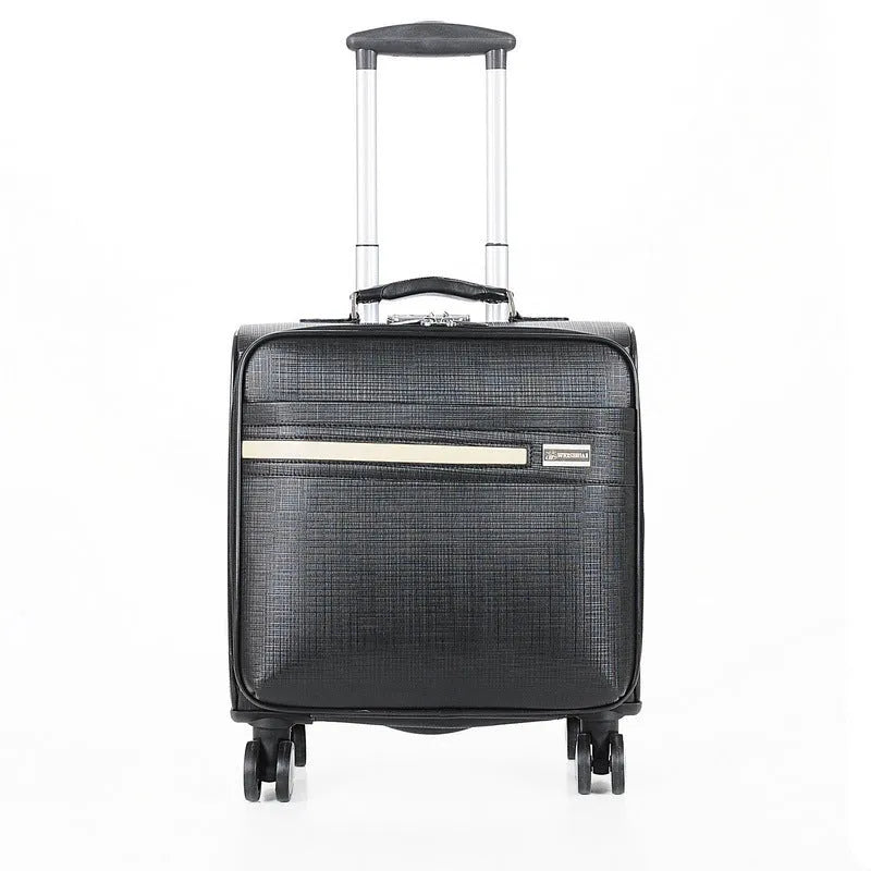 Black 18-inch wheeled PU leather business case with a lock and aeroplane wheels.