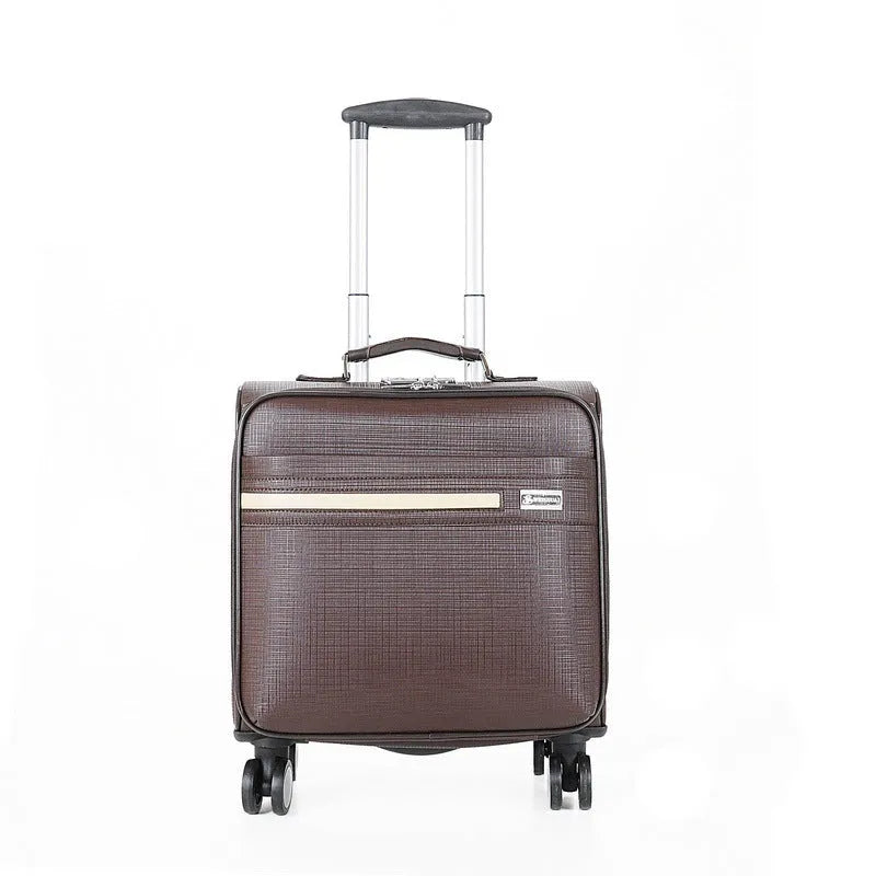 Black 18-inch wheeled PU leather business case with a lock and aeroplane wheels.