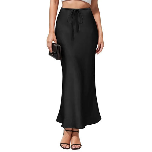 Asymmetric acetate satin skirt with high waist and irregular stitching detail in solid colour.