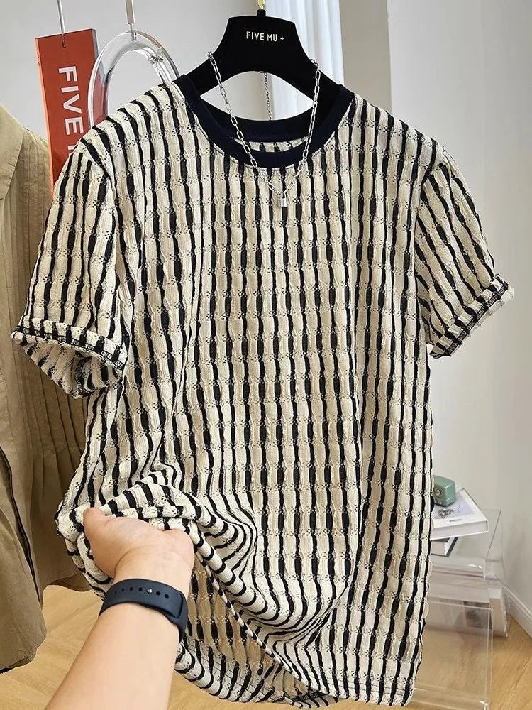 Black striped men's loose-fit short sleeve casual shirt made from linen and silk fabric
