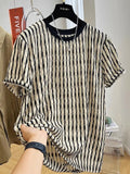 Black striped men's loose-fit short sleeve casual shirt made from linen and silk fabric