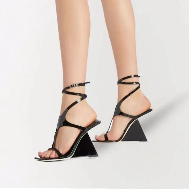 Women's square toe high heel sandals with button closure in black, red and beige colours