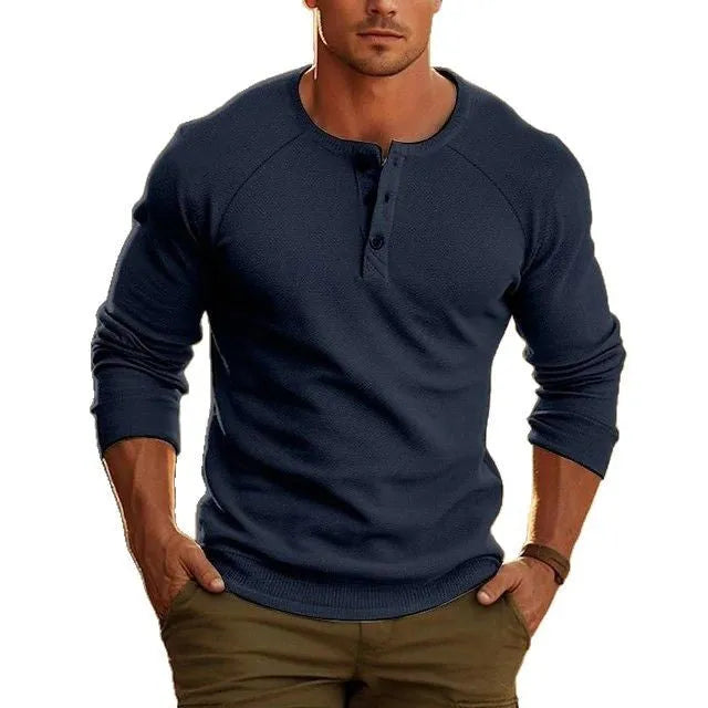 Men's white Henry collar long-sleeved cotton blend t-shirt showing front view with size label