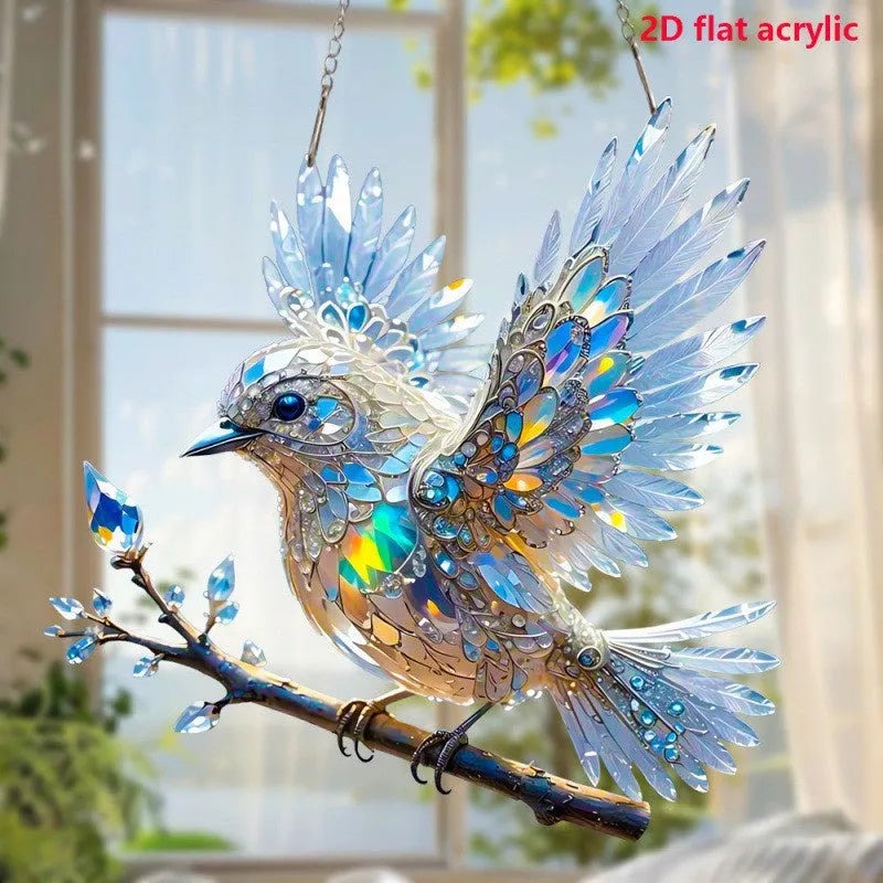 UV printed cartoon bird decoration on a square acrylic pendant with cardboard backing.
