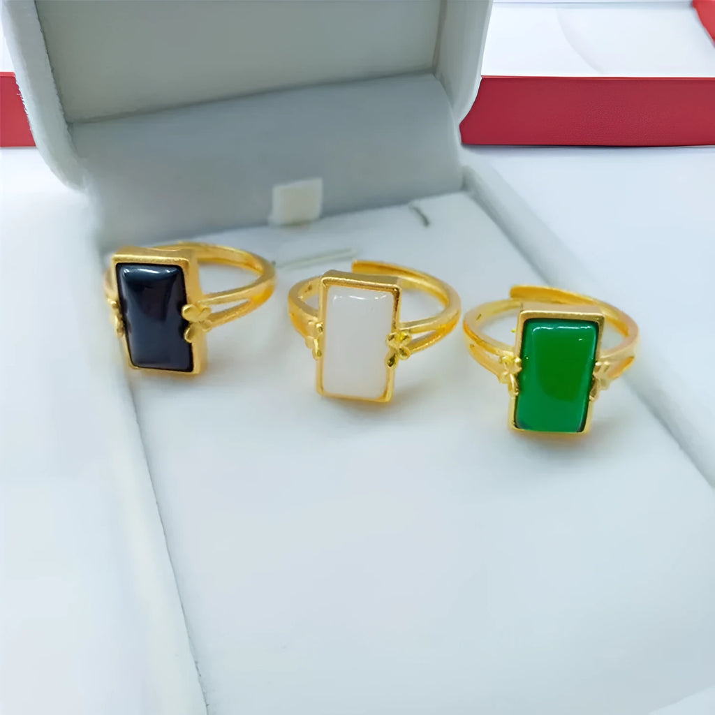 Adjustable national style gold-plated brass ring with gemstone inlay in black, green, or white colour options