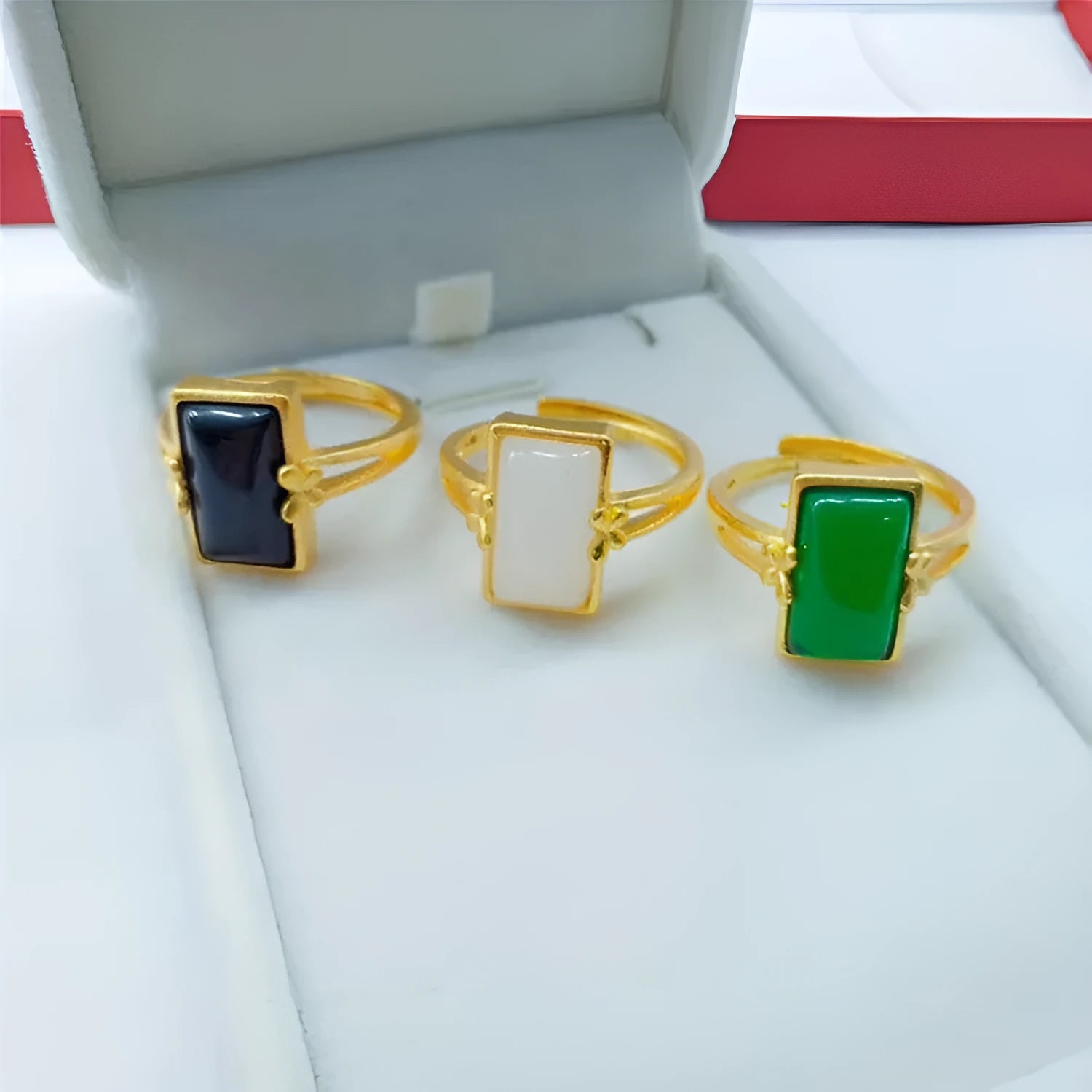 Adjustable national style gold-plated brass ring with gemstone inlay in black, green, or white colour options