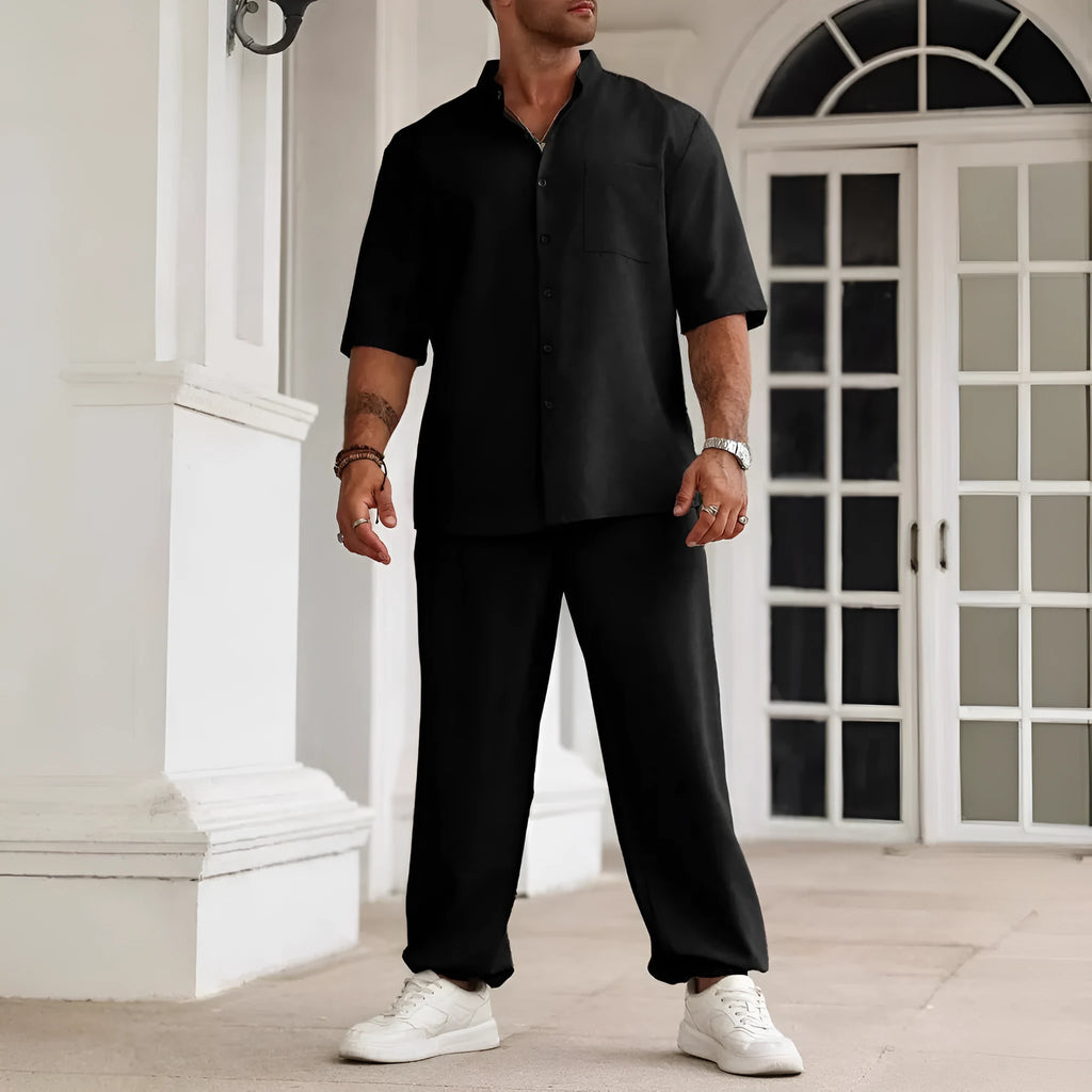 Men's cotton linen casual set with short-sleeve shirt and matching trousers in apricot colour