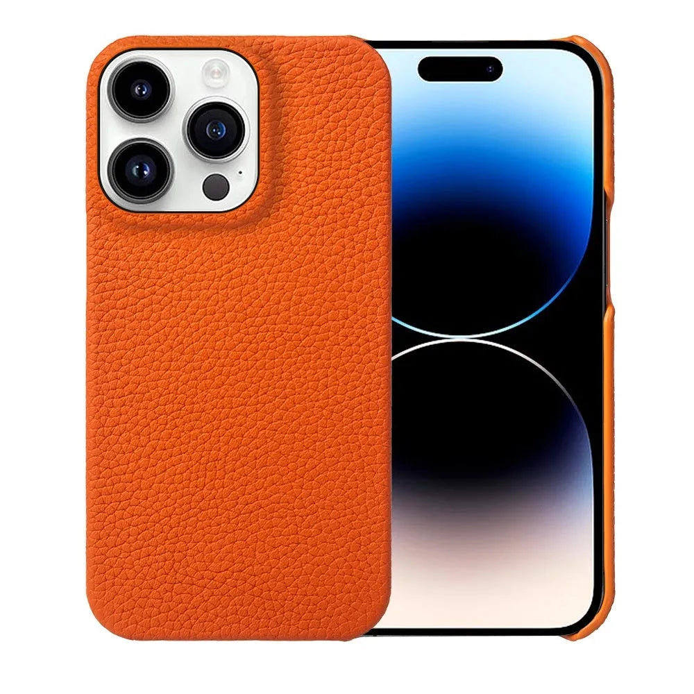Orange genuine leather half pack phone case for iPhone 16 with hand-stitched edges