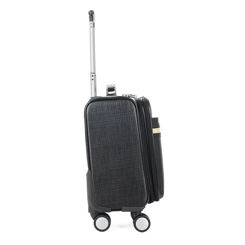 Black 18-inch wheeled PU leather business case with a lock and aeroplane wheels.
