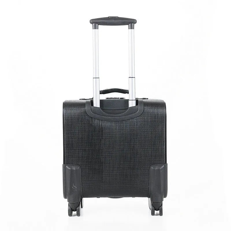 Black 18-inch wheeled PU leather business case with a lock and aeroplane wheels.