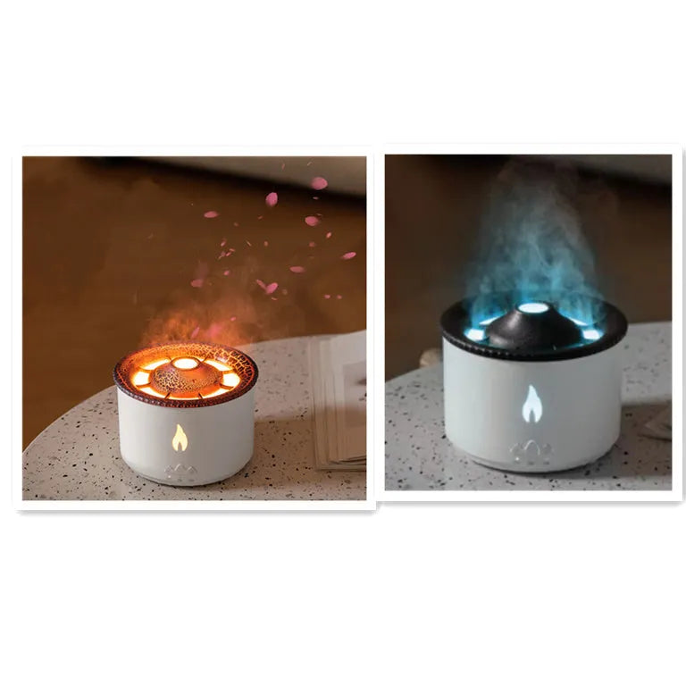 Round two-colour flame spray mist humidifier and aromatherapy diffuser on a table.