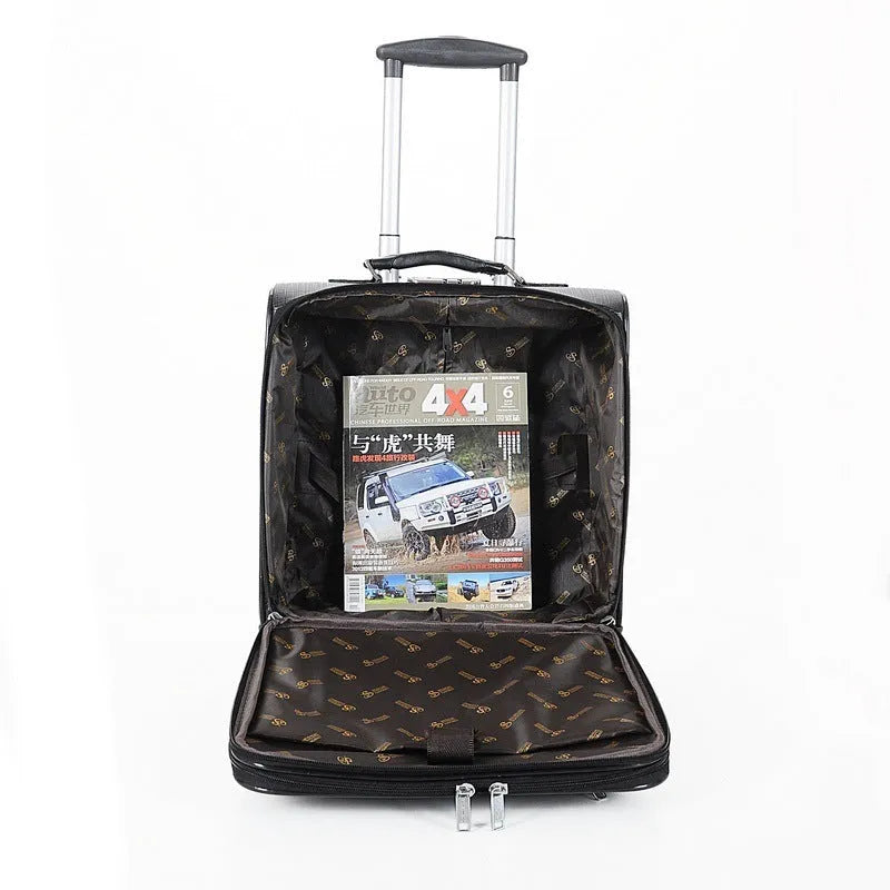 Black 18-inch wheeled PU leather business case with a lock and aeroplane wheels.