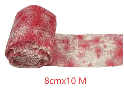 Roll of red Halloween horror gauze bandage with bloody dye effect, 8cm wide.