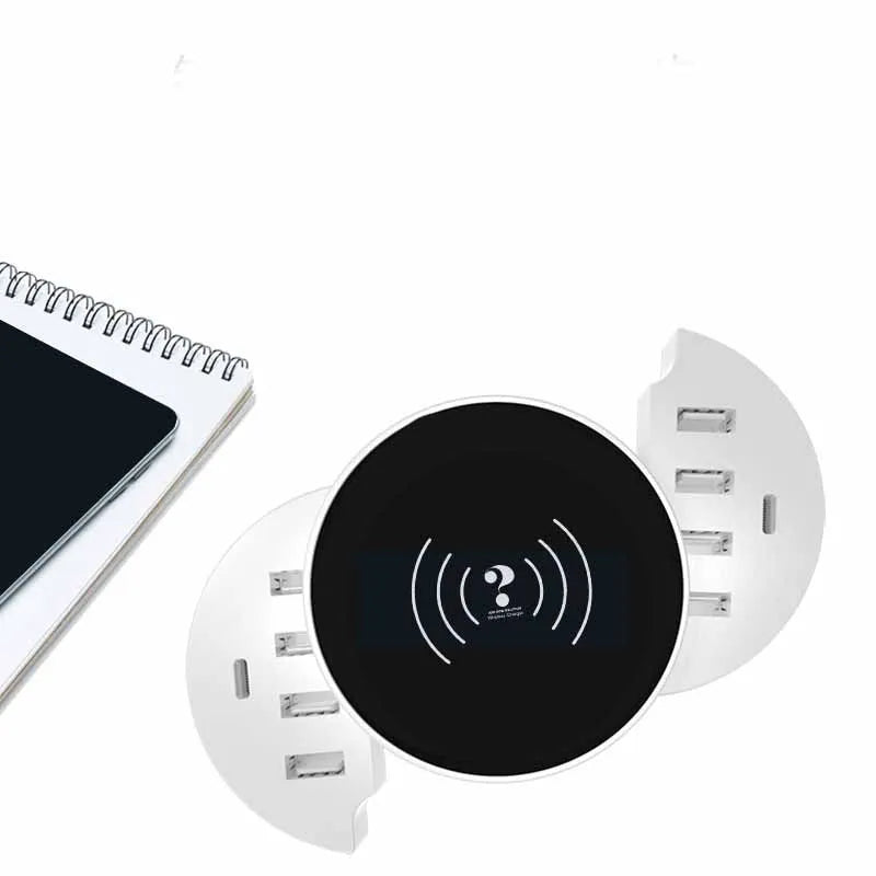 Ceramic white circular wireless charger with multiple ports and international plug adapters
