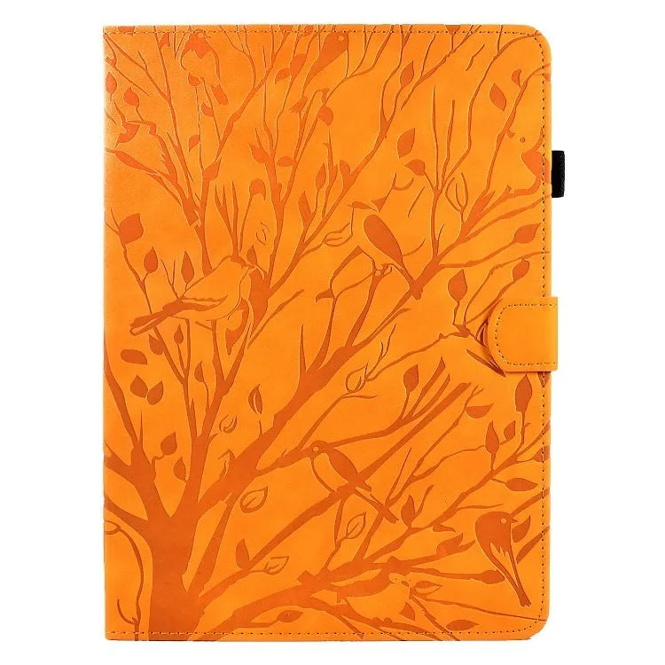 Black imitation leather tablet case with Pachira macrocarpa engraving and built-in viewing bracket open.