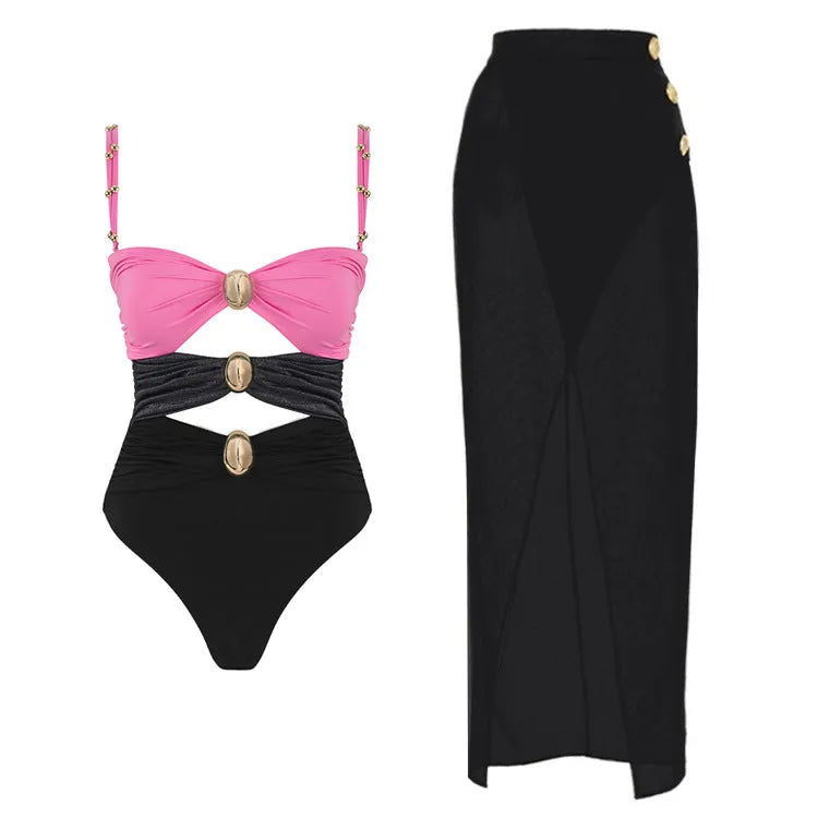 Women's solid-colour one-piece swimsuit with gold button and matching skirt in assorted colours.