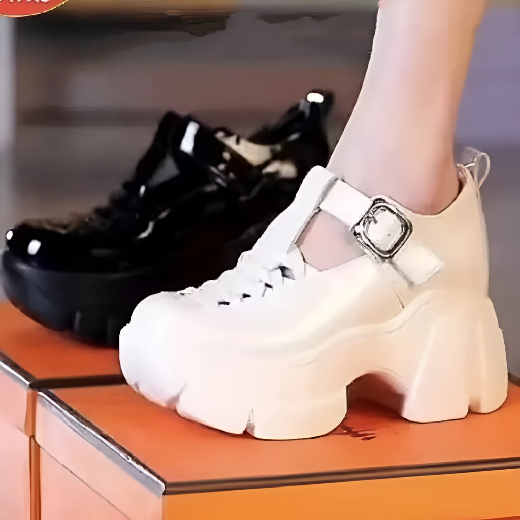 Women's creamy-white satin pumps with a chunky wedge heel and round toe