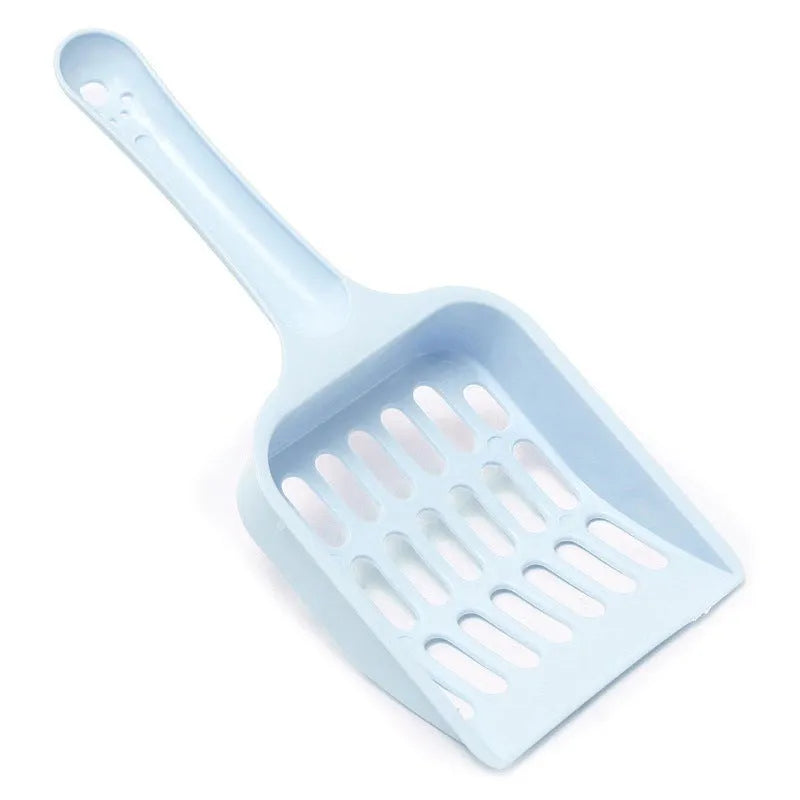 Blue plastic cat litter scoop showing 20cm length and built-in sand shovel.