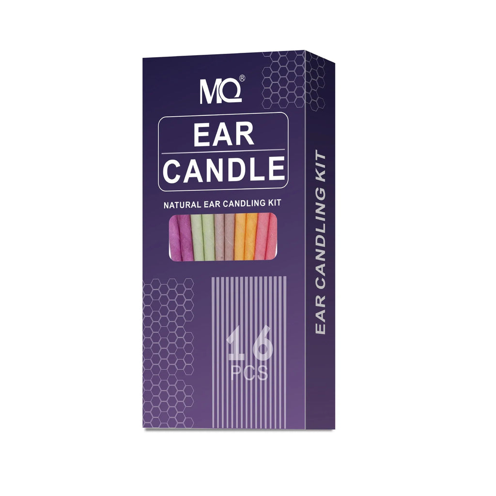 Ear candle health massage kit showing 16 candles, 8 protection boards, and 16 swabs in assorted colours