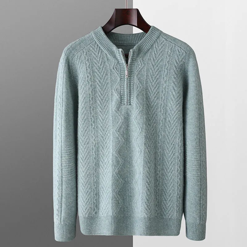 Man wearing a beige pure wool loose fit sweater with a diamond lattice pattern and a half-zip neck.
