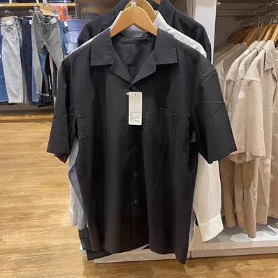 Men's beige modal cotton open collar casual shirt with regular sleeves on a hanger