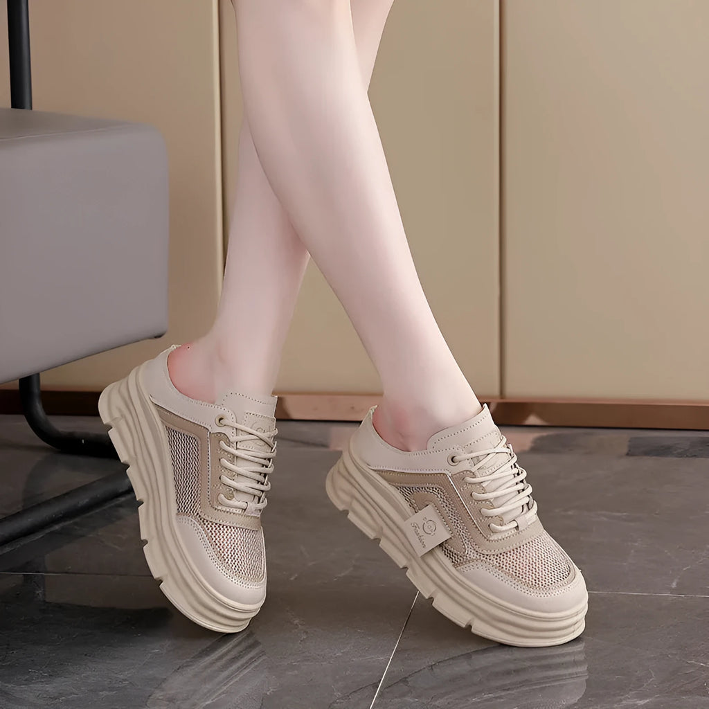 Women's black mesh half slippers with height-increasing insole and round toe design