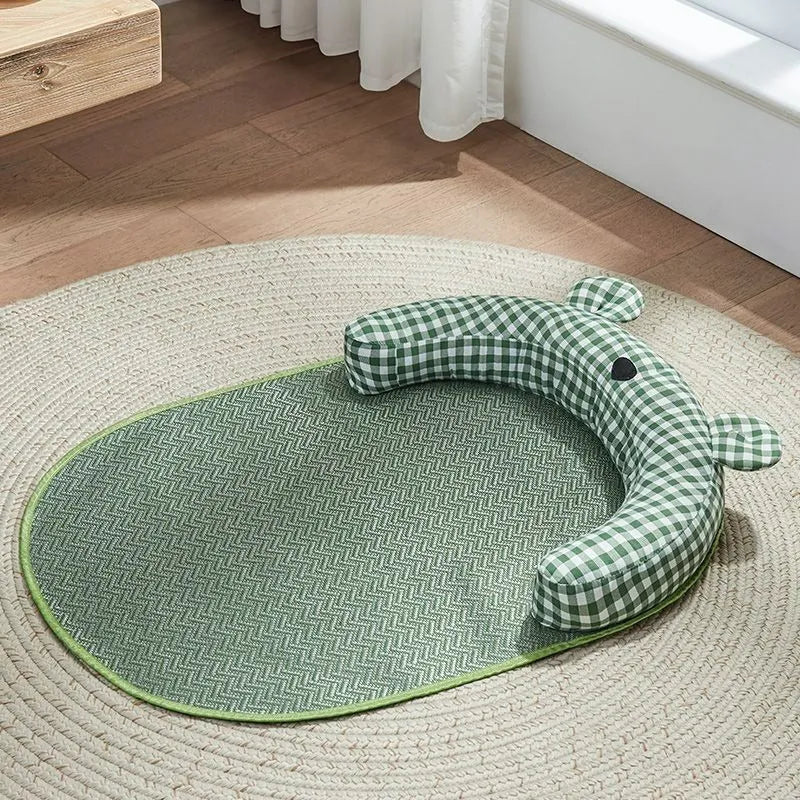 Green and yellow four seasons dog cooling mat with ice pad technology in multiple sizes