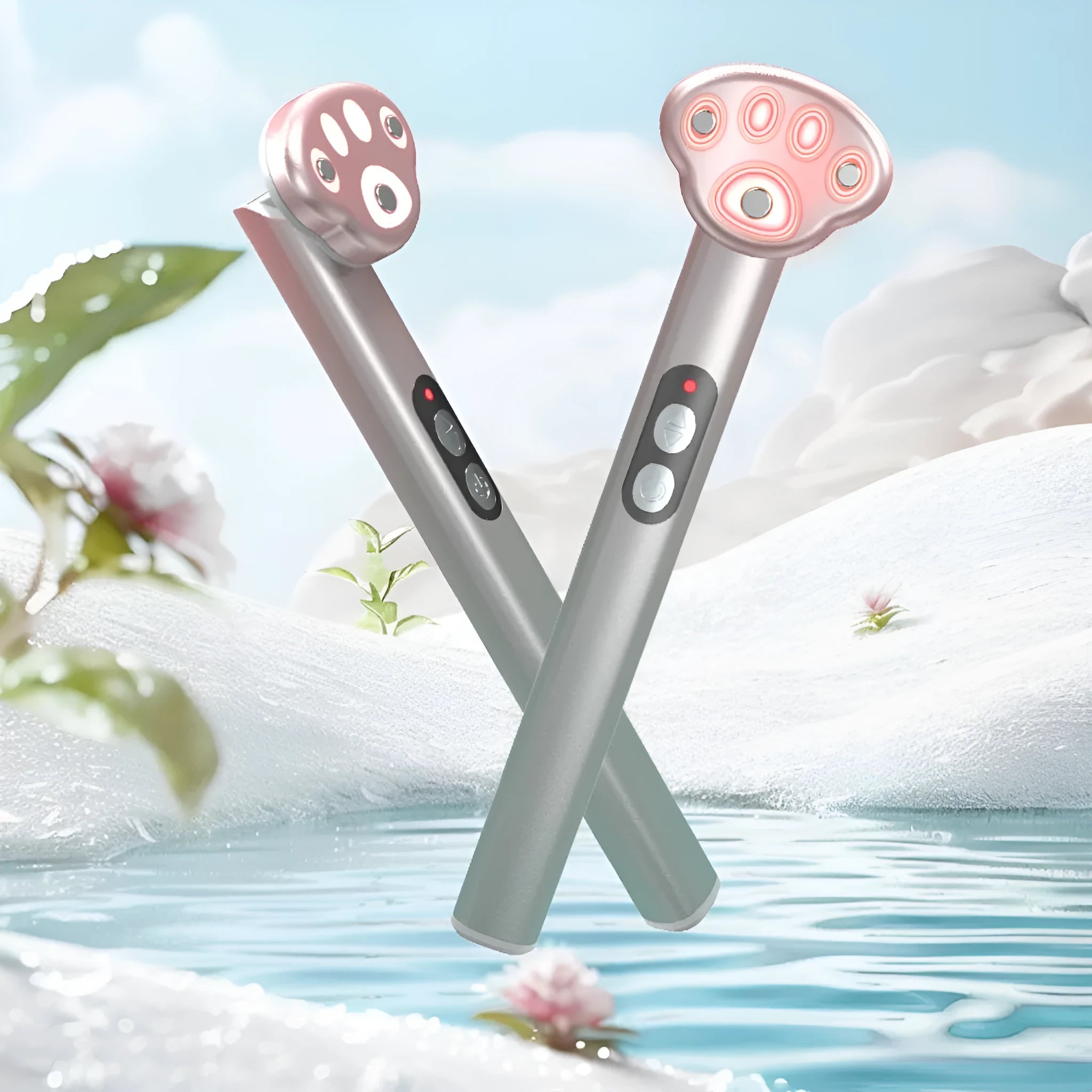 Gradient pink cat's paw shaped eye massager with micro-current vibration and colour light functions.