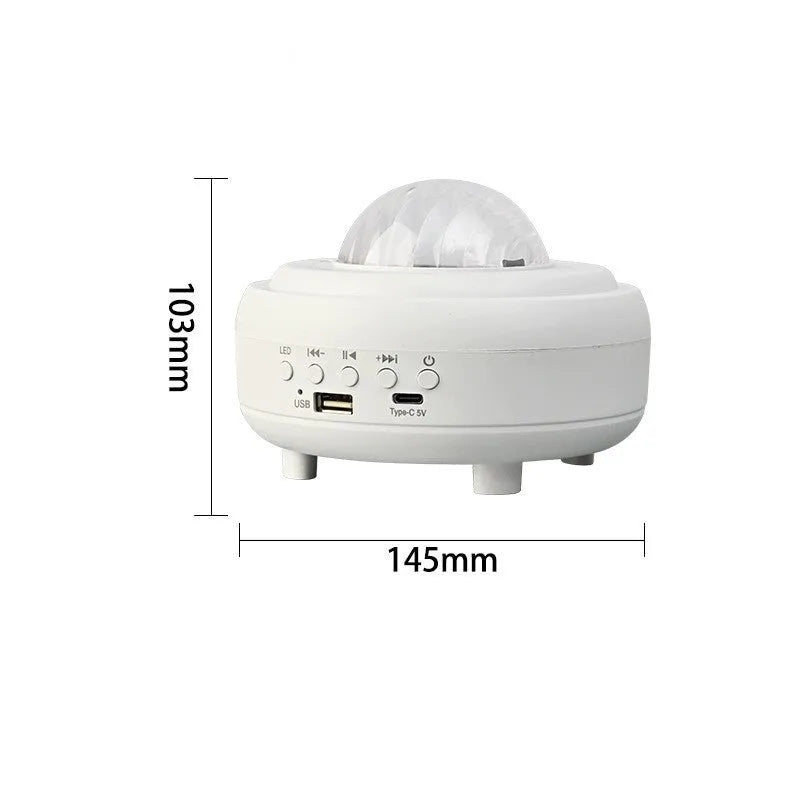 White Bluetooth star projector night light displaying starry sky projection patterns on ceiling