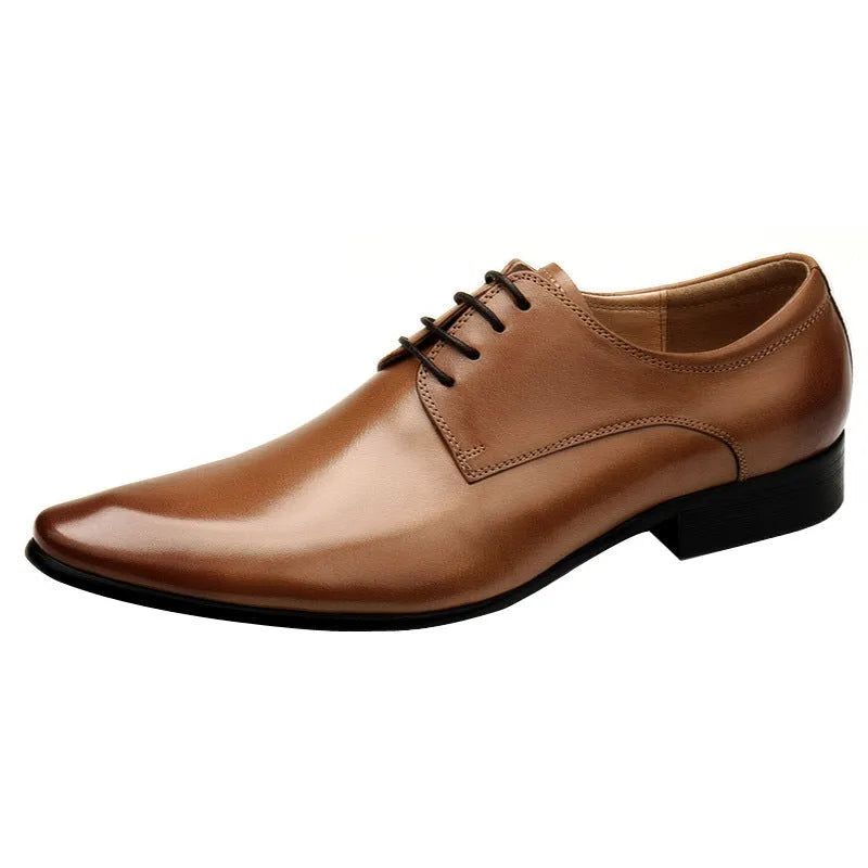 Men's pointed toe lace-up black leather business shoes with rubber sole and low upper height