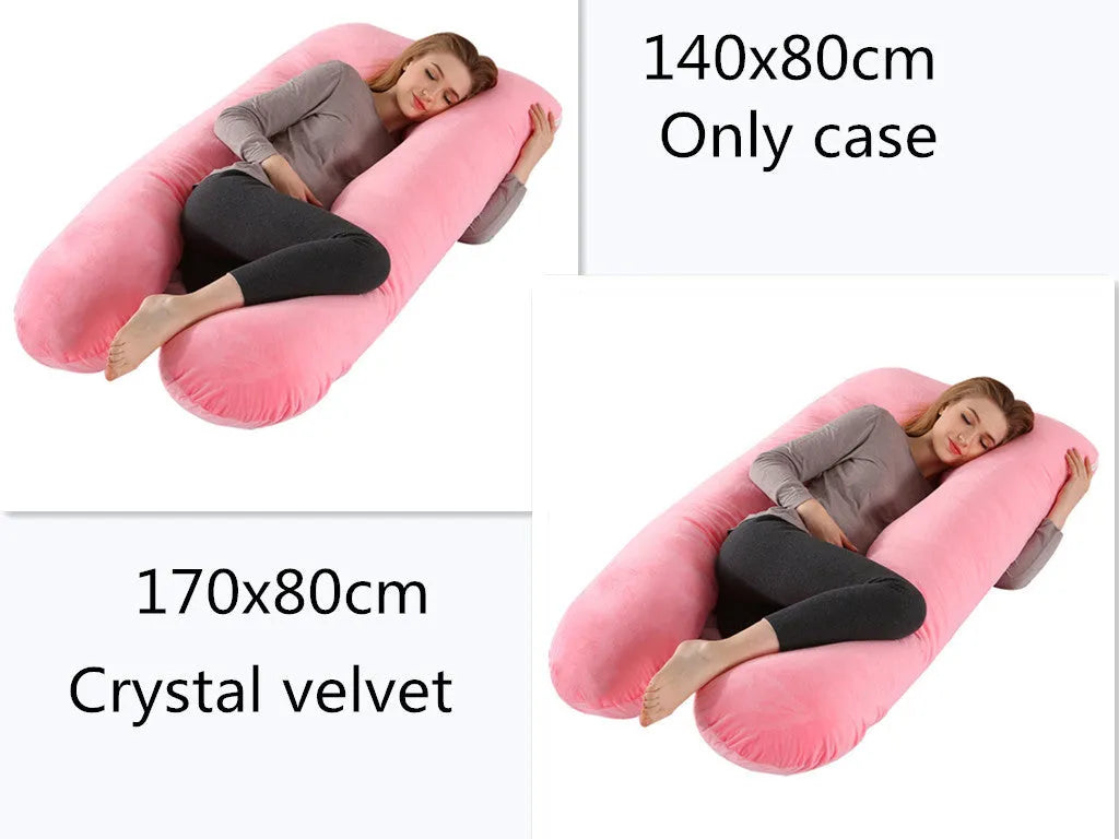 Large U-shaped pregnancy support pillow with removable cover in choice of fabrics.