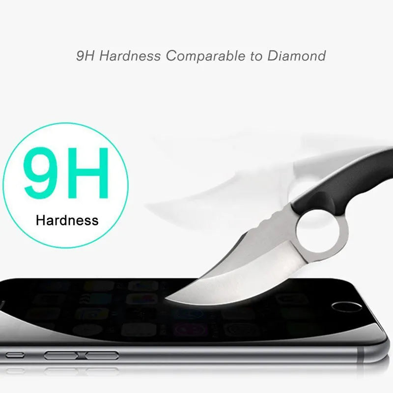 Black anti-peeping tempered glass screen protector for iPhone showing privacy angle demonstration